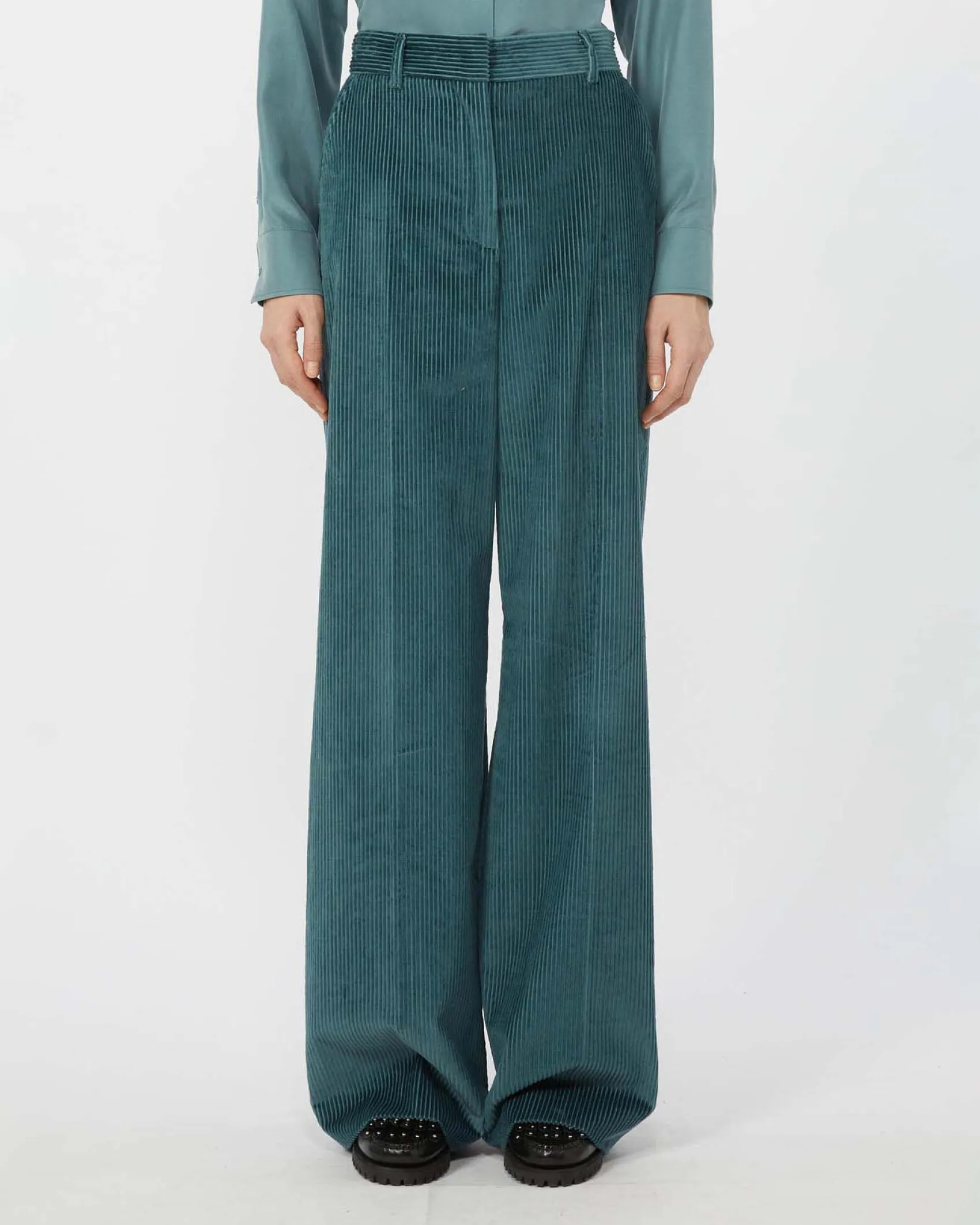 Pantaloni palazzo color ottanio Weekend Max Mara in velluto di puro cotone 350 righe