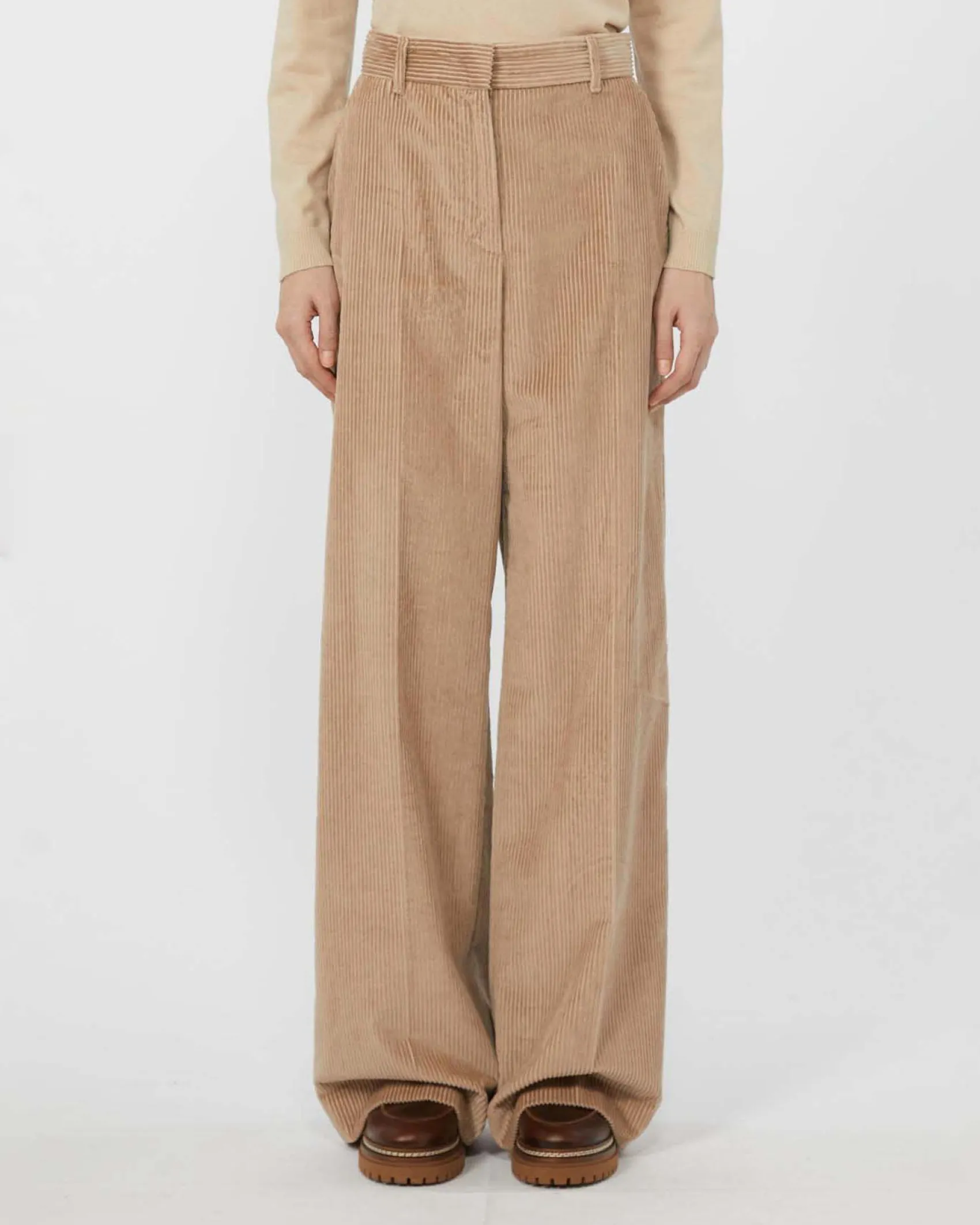 Pantaloni palazzo color sabbia Weekend Max Mara in velluto di puro cotone 350 righe