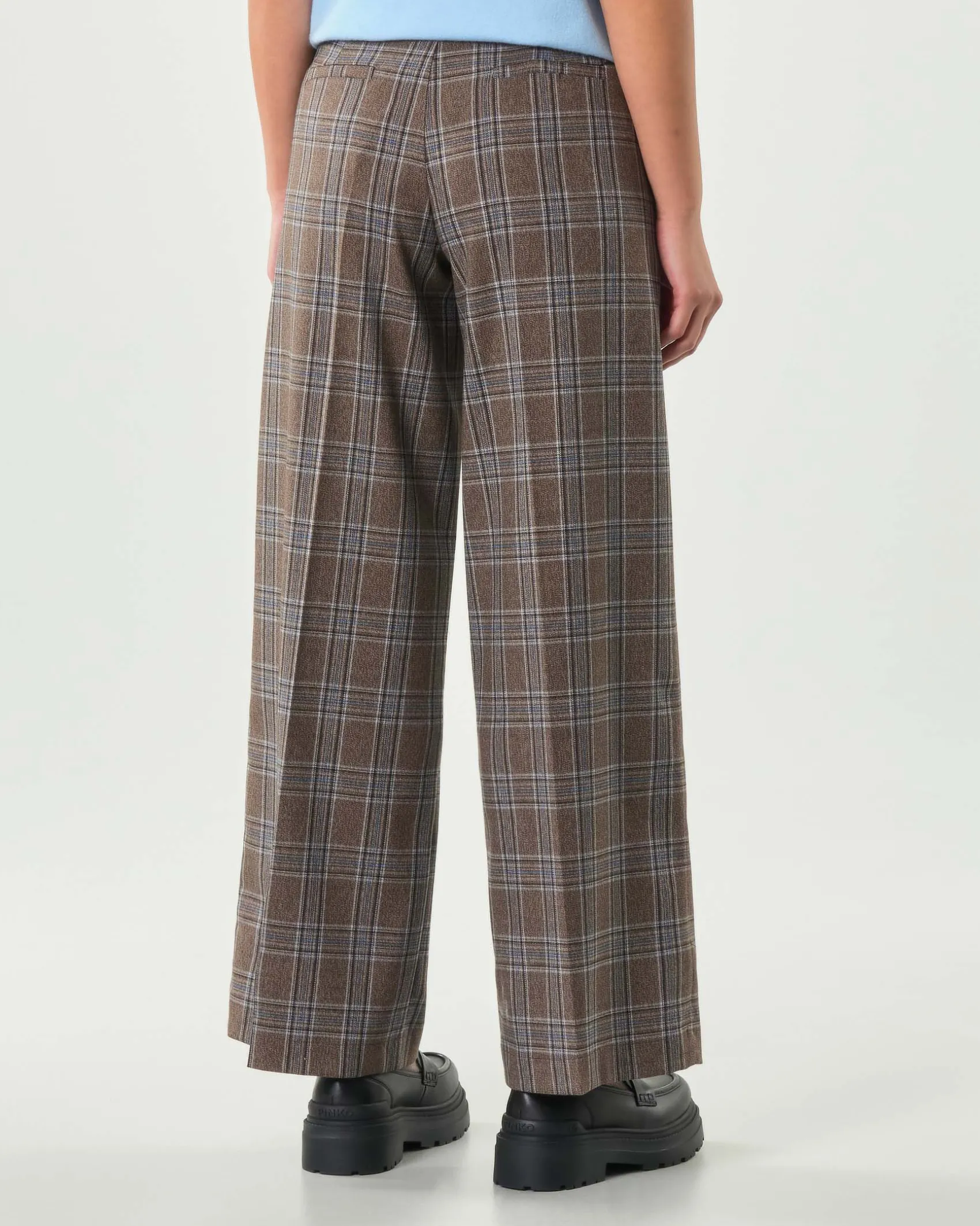 Pantaloni palazzo Hlo! in misto viscosa a fantasia scozzese marrone e azzurra