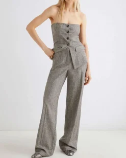 Pantaloni palazzo Marella in principe di Galles in flanella di misto lana con piega stirata fronte e retro