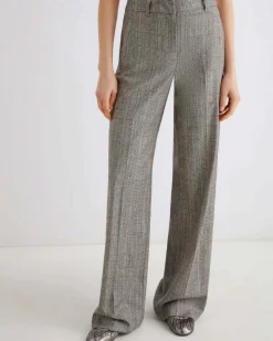 Pantaloni palazzo Marella in principe di Galles in flanella di misto lana con piega stirata fronte e retro