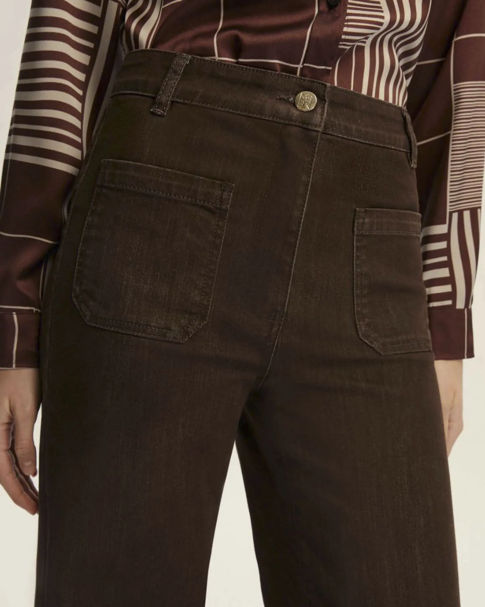 Pantaloni palazzo marroni Emme Marella in bull di cotone stretch a vita alta con taschini applicati