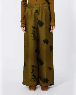 Pantaloni palazzo verde oliva in twill di seta MM Max Mara a stampa fiori neri con elastico in vita