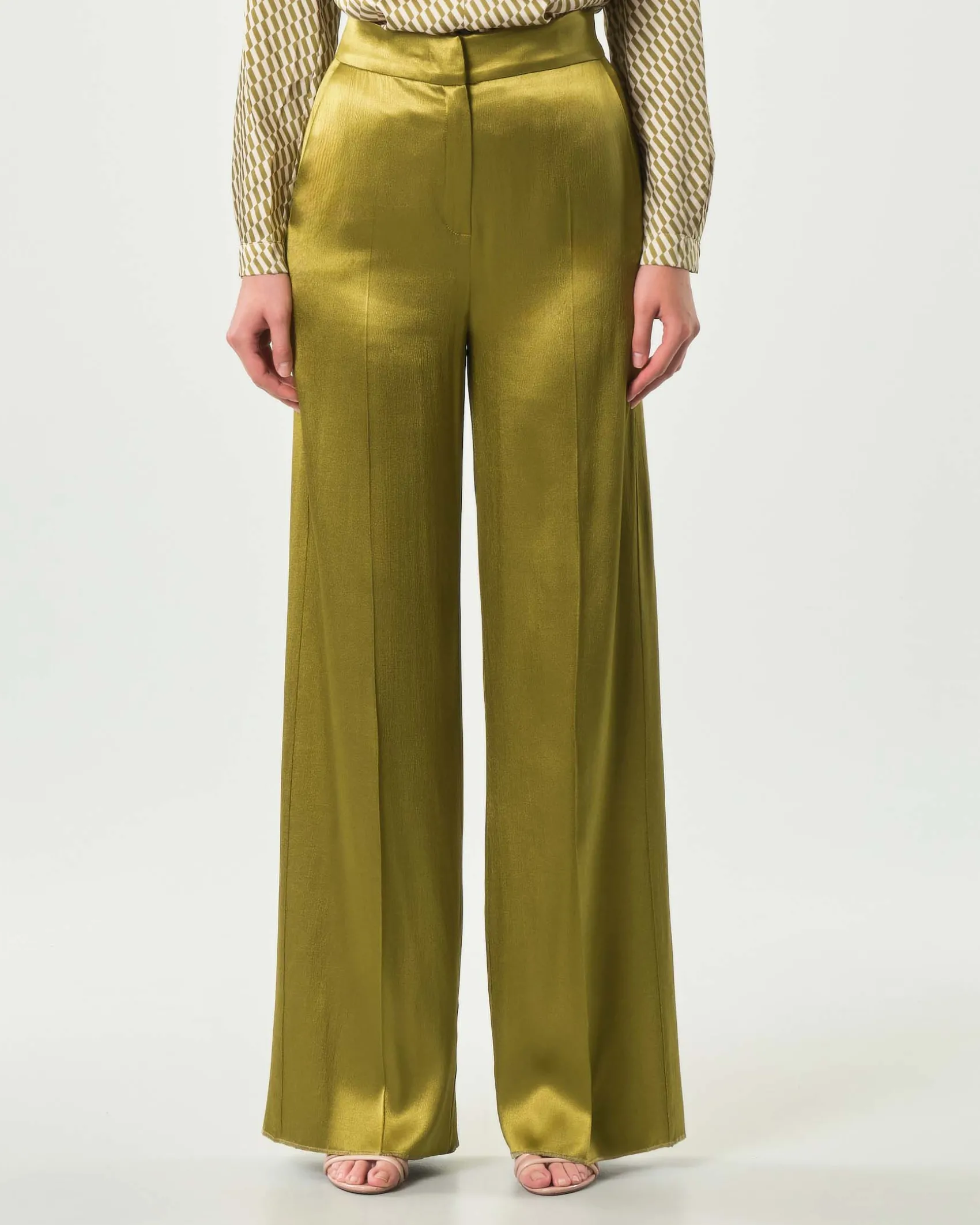 Pantaloni palazzo verde oliva Emme Marella in raso di viscosa stretch