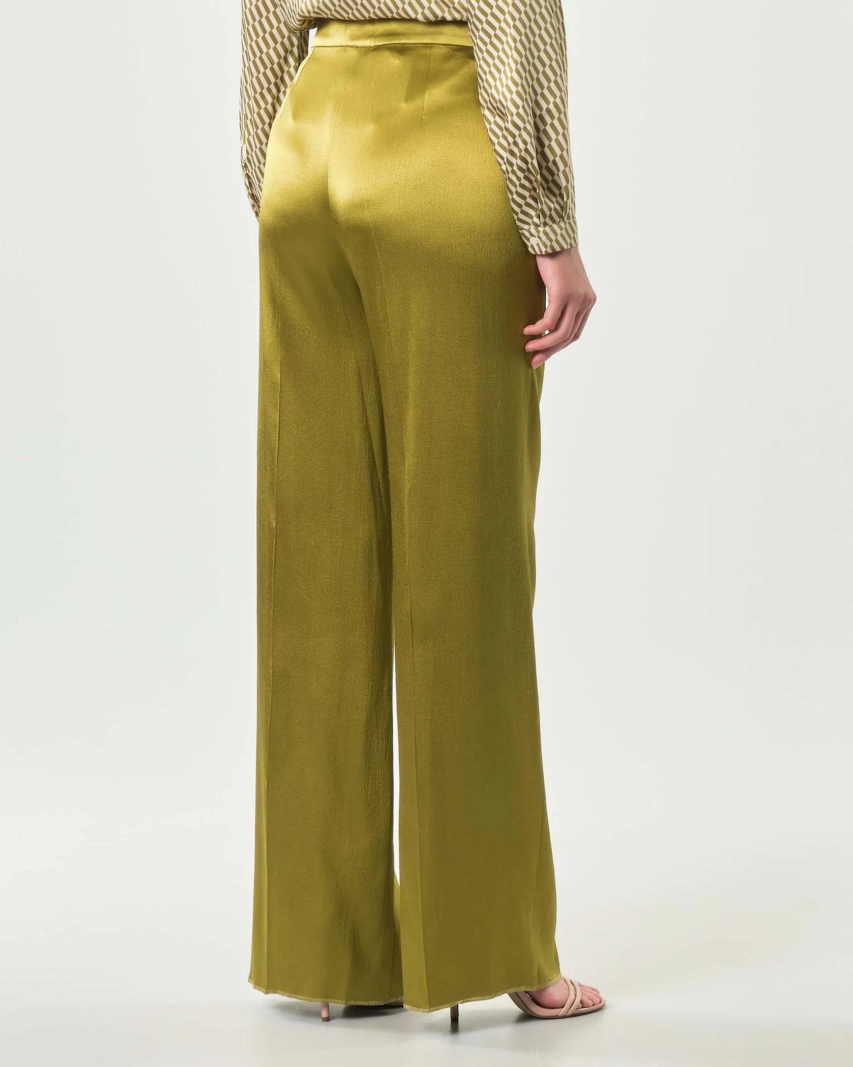 Pantaloni palazzo verde oliva Emme Marella in raso di viscosa stretch