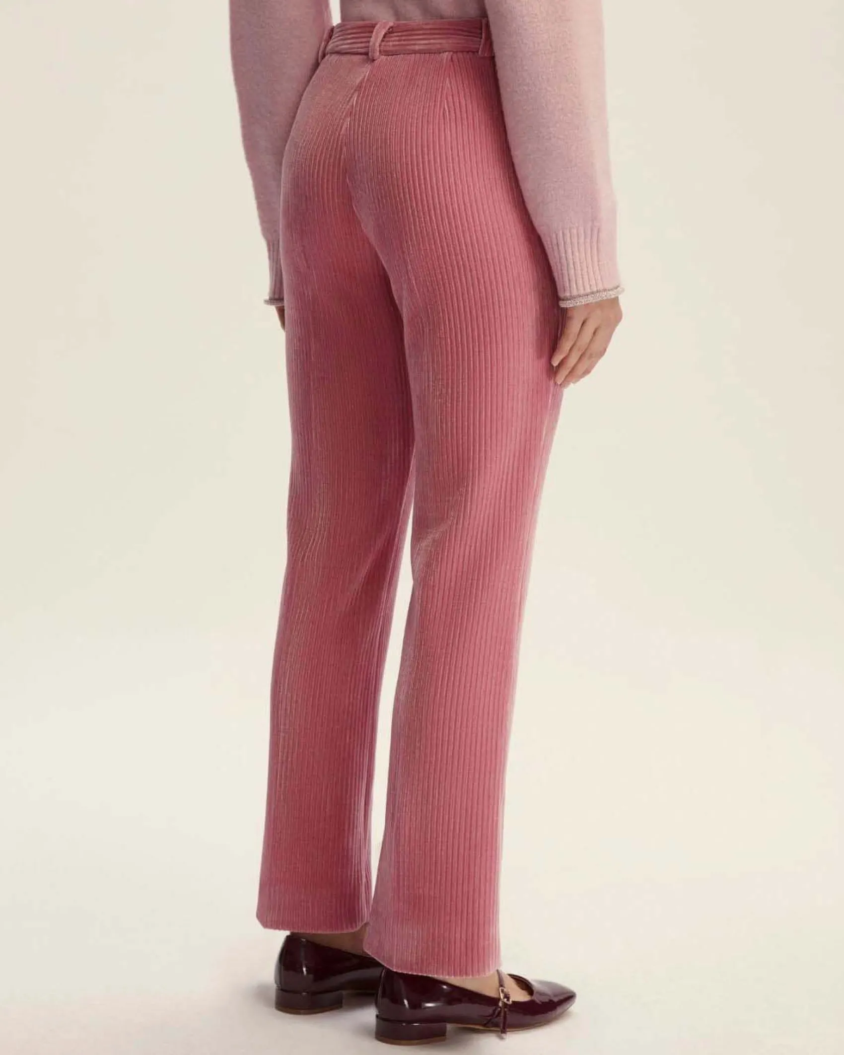 Pantaloni rosa Emme Marella in jersey di velluto a coste stretch flare al fondo