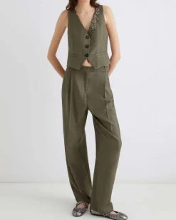 Pantaloni verde militare barell leg Marella in saglia di misto lana e viscosa a fantasia micro spinato con pinces in vita