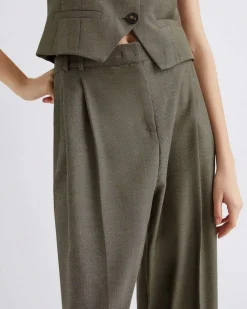 Pantaloni verde militare barell leg Marella in saglia di misto lana e viscosa a fantasia micro spinato con pinces in vita