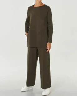 Pantaloni verdi militare in tricotina di misto viscosa dalla linea wide con elastico inserito in vita