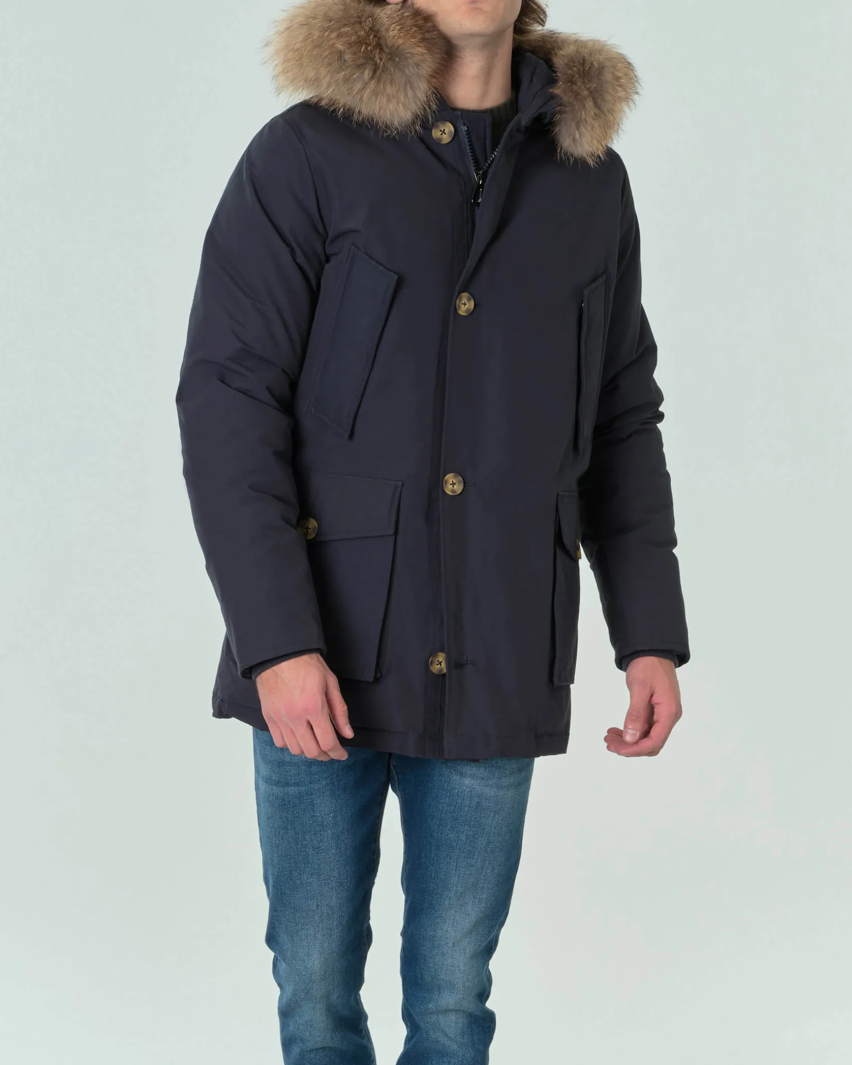 Parka Ashki.i blu in cotone con vera pelliccia staccabile