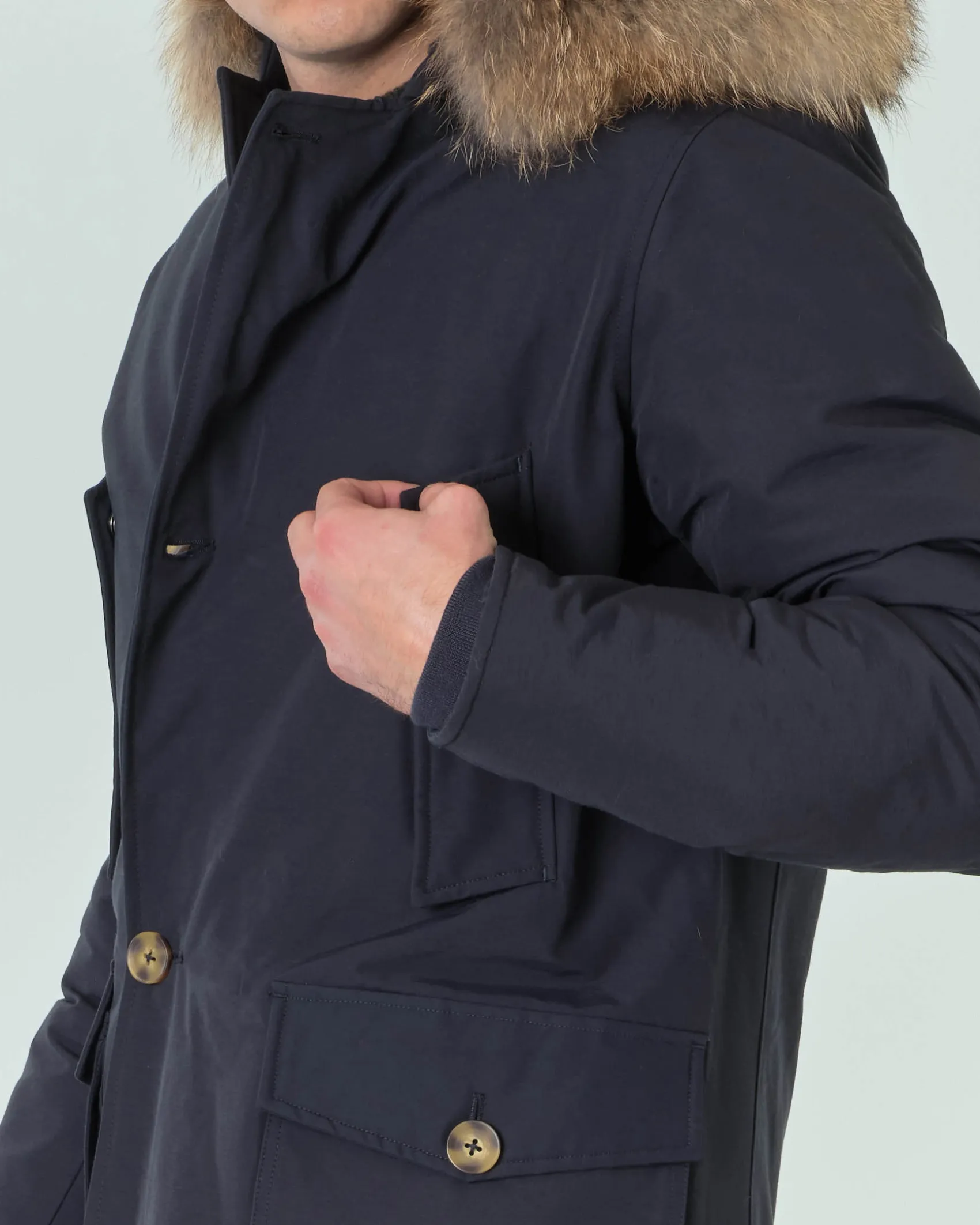 Parka Ashki.i blu in cotone con vera pelliccia staccabile