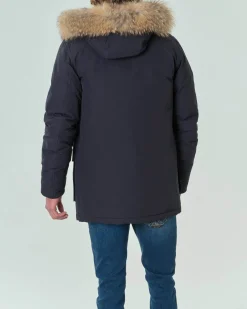 Parka Ashki.i blu in cotone con vera pelliccia staccabile