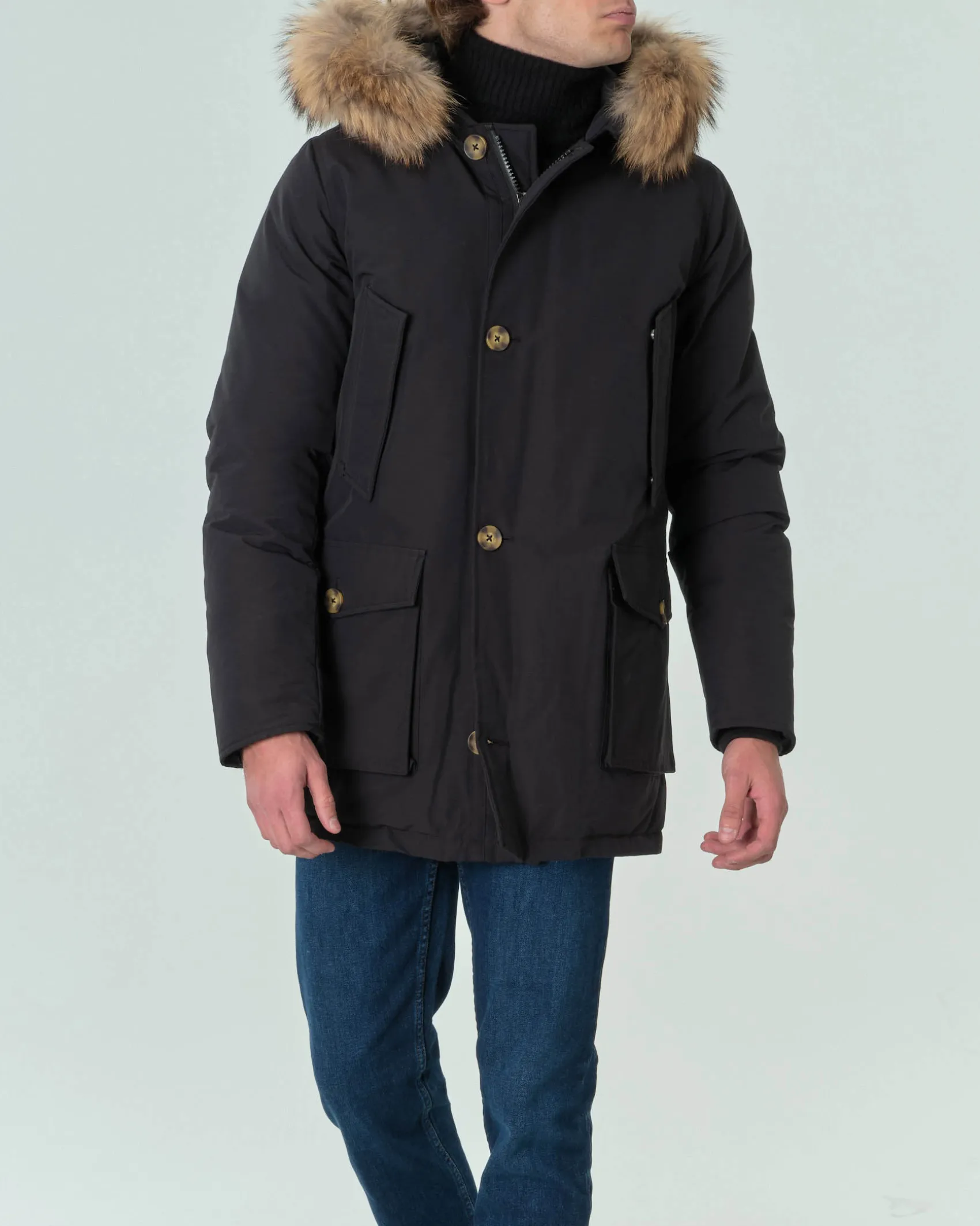 Parka Ashki.i nero in cotone con vera pelliccia staccabile