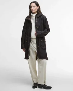 Parka Barbour Marcy color testa moro in cotone cerato con fodera tartan e cappuccio fisso