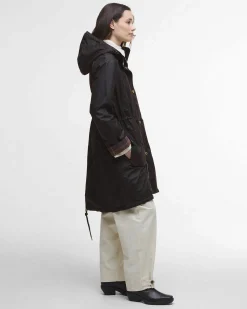 Parka Barbour Marcy color testa moro in cotone cerato con fodera tartan e cappuccio fisso