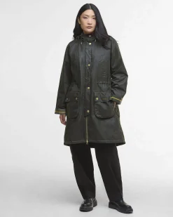 Parka Barbour Marcy verde oliva in cotone cerato con fodera tartan e cappuccio fisso