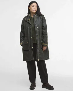 Parka Barbour Marcy verde oliva in cotone cerato con fodera tartan e cappuccio fisso