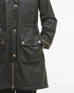 Parka Barbour Marcy verde oliva in cotone cerato con fodera tartan e cappuccio fisso
