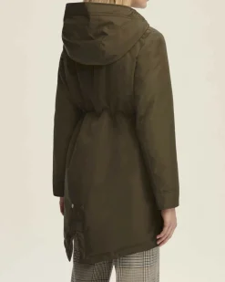 Parka verde militare Emme Marella in taffetà tecnico imbottito con cappuccio e fondo a code di rondine