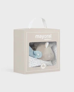 Peluche ad unicorno beige con copertina bianca a pois azzurri e riquadro a fiorellini