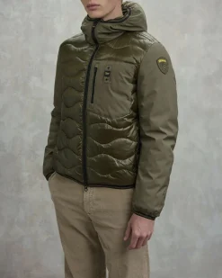Piumino Albert Blauer bi-tessuto verde militare con cappuccio fisso e trapuntatura ad onde
