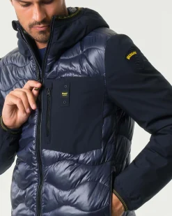 Piumino Albert Blauer bi-tessuto blu con cappuccio fisso e trapuntatura ad onde