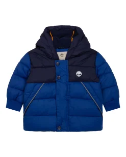 Piumino blu royal e blu con cappuccio e profilo grigio sulle tasche 2-4 anni