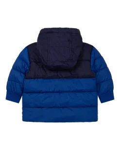 Piumino blu royal e blu con cappuccio e profilo grigio sulle tasche 2-4 anni