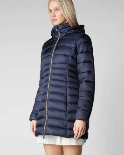 Piumino blu Save the duck lunghezza media modello Reese in tessuto effetto raso dalla linea sfiancata con cappuccio staccabile