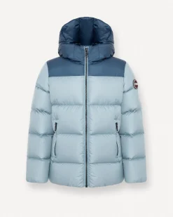 Piumino Colmar azzurro in nylon imbottito con inserto blu e cappuccio