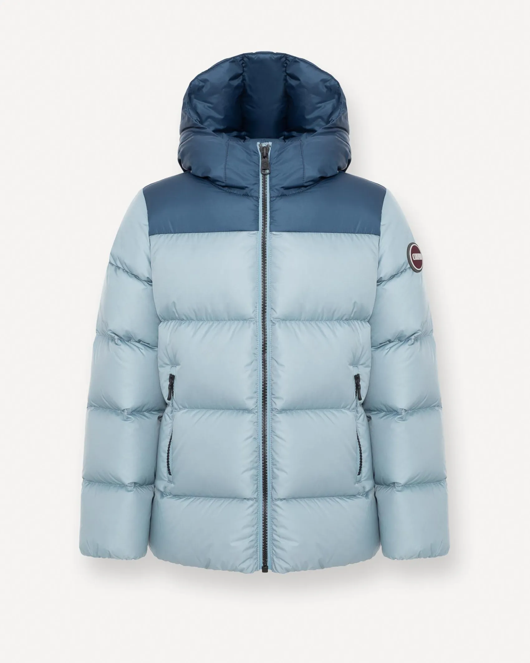 Piumino Colmar azzurro in nylon imbottito con inserto blu e cappuccio