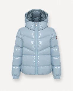 Piumino Colmar azzurro in nylon lucido imbottito con cappuccio