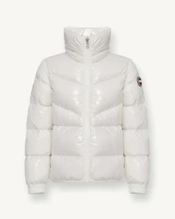 Piumino Colmar bianco in nylon lucido laccato ed imbottito con cappuccio fisso