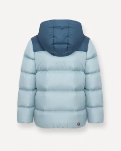 Piumino Colmar Originals azzurro in nylon imbottito con inserto blu e cappuccio