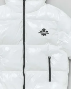 Piumino Dsquared2 bianco in nylon lucido con cappuccio e dettagli neri