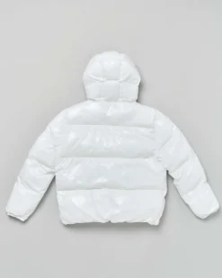 Piumino Dsquared2 bianco in nylon lucido con cappuccio e dettagli neri