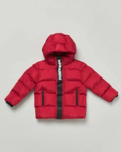 Piumino Dsquared2 rosso trapuntato con cappuccio e banda logo nera