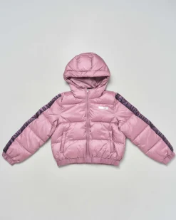 Piumino EA7 color malva lucido e bande logo monogram viola