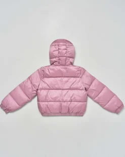 Piumino EA7 color malva lucido e bande logo monogram viola