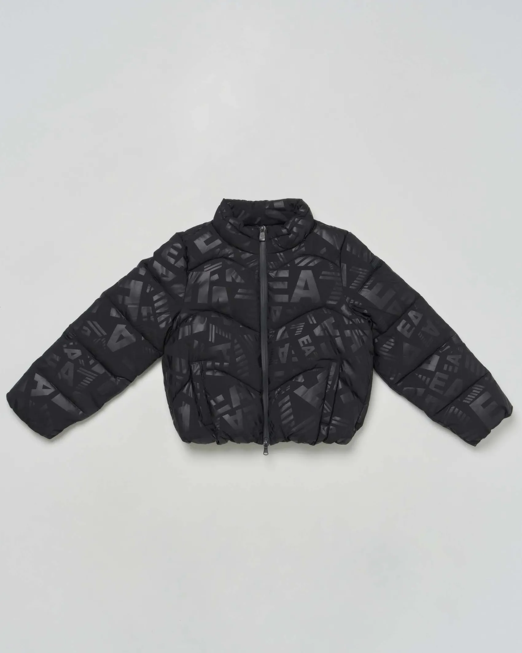 Piumino EA7 nero opaco con loghi monogram lucidi all over