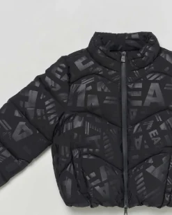 Piumino EA7 nero opaco con loghi monogram lucidi all over