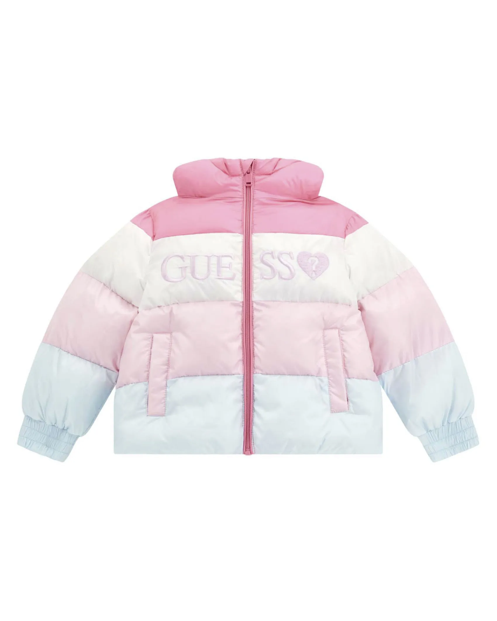 Piumino Guess color block con cappuccio e maxi scritta logo