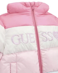 Piumino Guess color block con cappuccio e maxi scritta logo