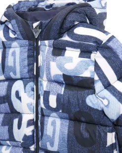 Piumino Guess in nylon blu e bianco effetto denim con cappuccio e maxi loghi