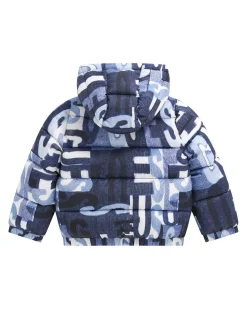 Piumino Guess in nylon blu e bianco effetto denim con cappuccio e maxi loghi