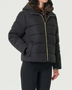 Piumino nero Emme Marella in taffettà con pettorina rimovibile in ecopelliccia effetto visone e cappuccio