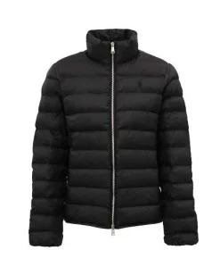 Piumino nero in nylon riciclato con colletto in piedi e logo ricamato sul petto tono su tono