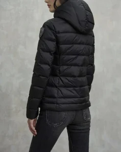 Piumino nero modello Charme con imbottitura leggera in piuma d'oca e fodera beige