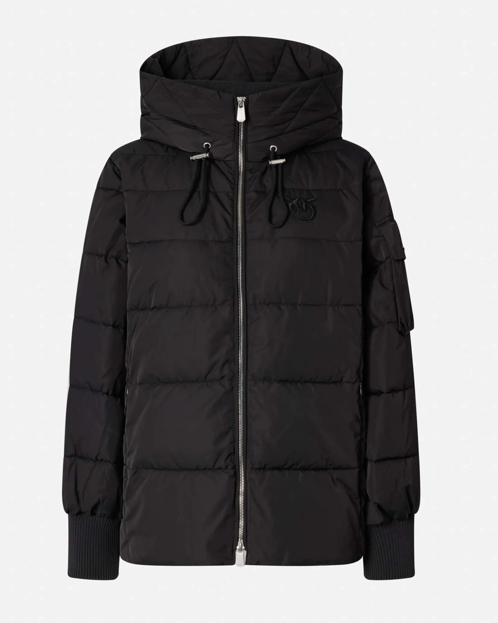 Piumino nero Pinko dalla linea a campana in tela tecnica con cappuccio e logo applicato sul petto