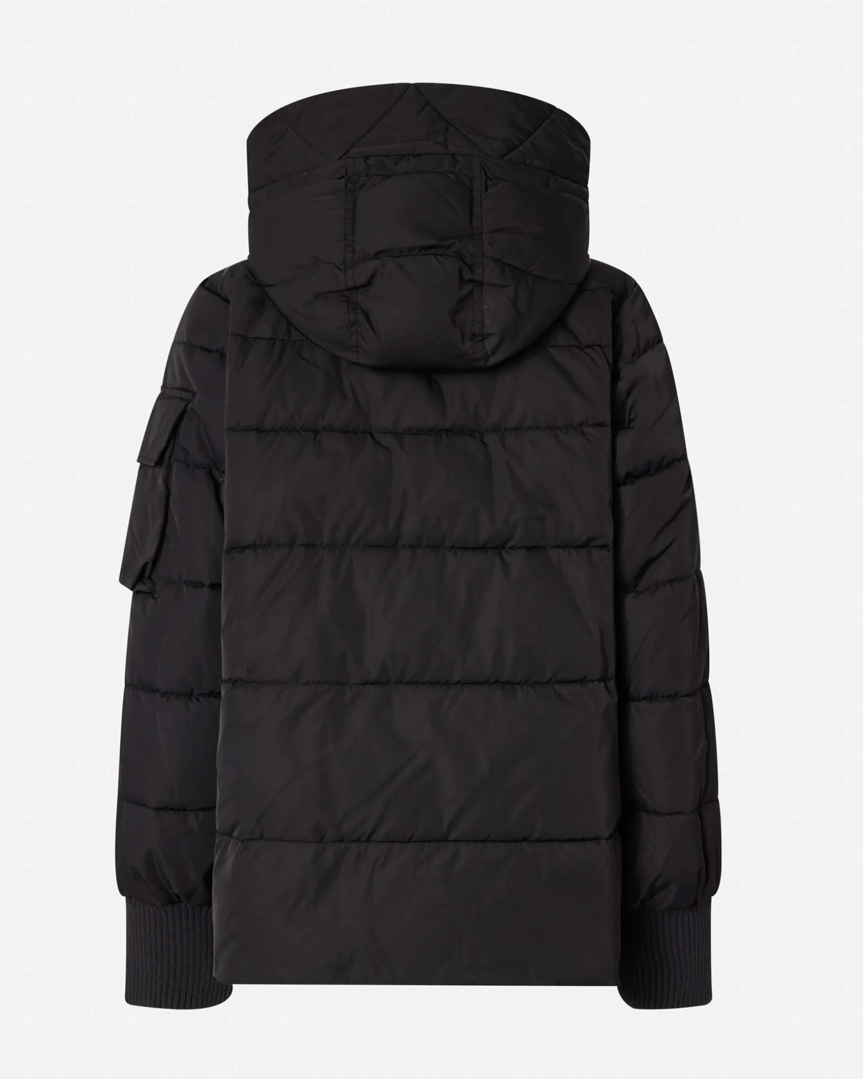 Piumino nero Pinko dalla linea a campana in tela tecnica con cappuccio e logo applicato sul petto